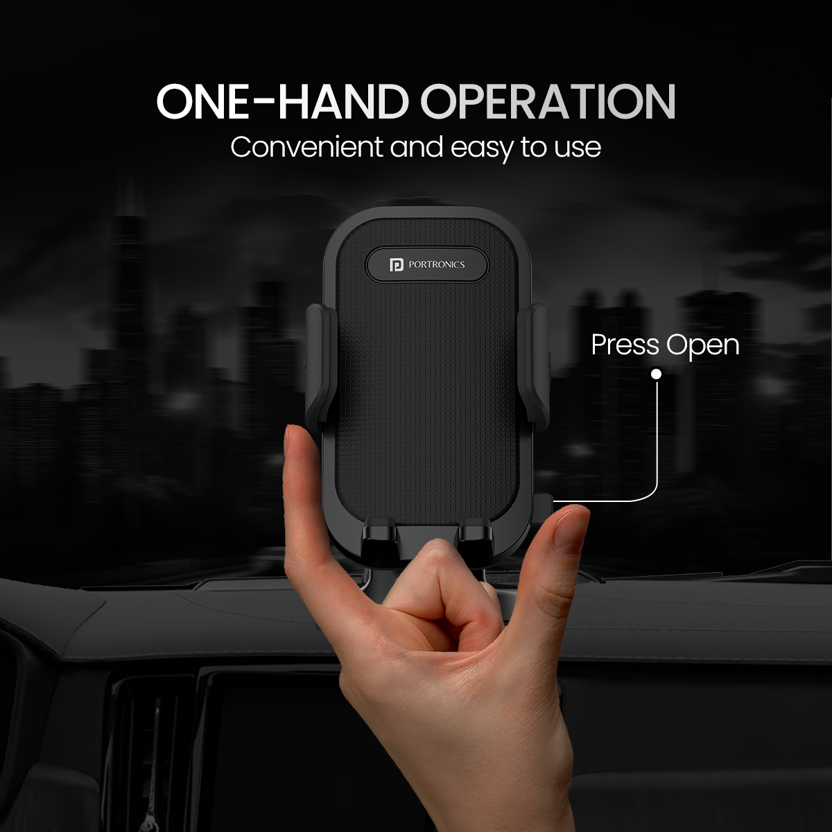 Portronics Clamp M4 phone Holder for car comes with one touch button release