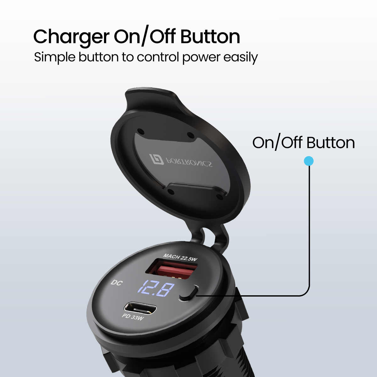 Portronics Spark charger has on/off button to ensure safe charging | best car accessories| motorcycle charger online| scooters phone charger
