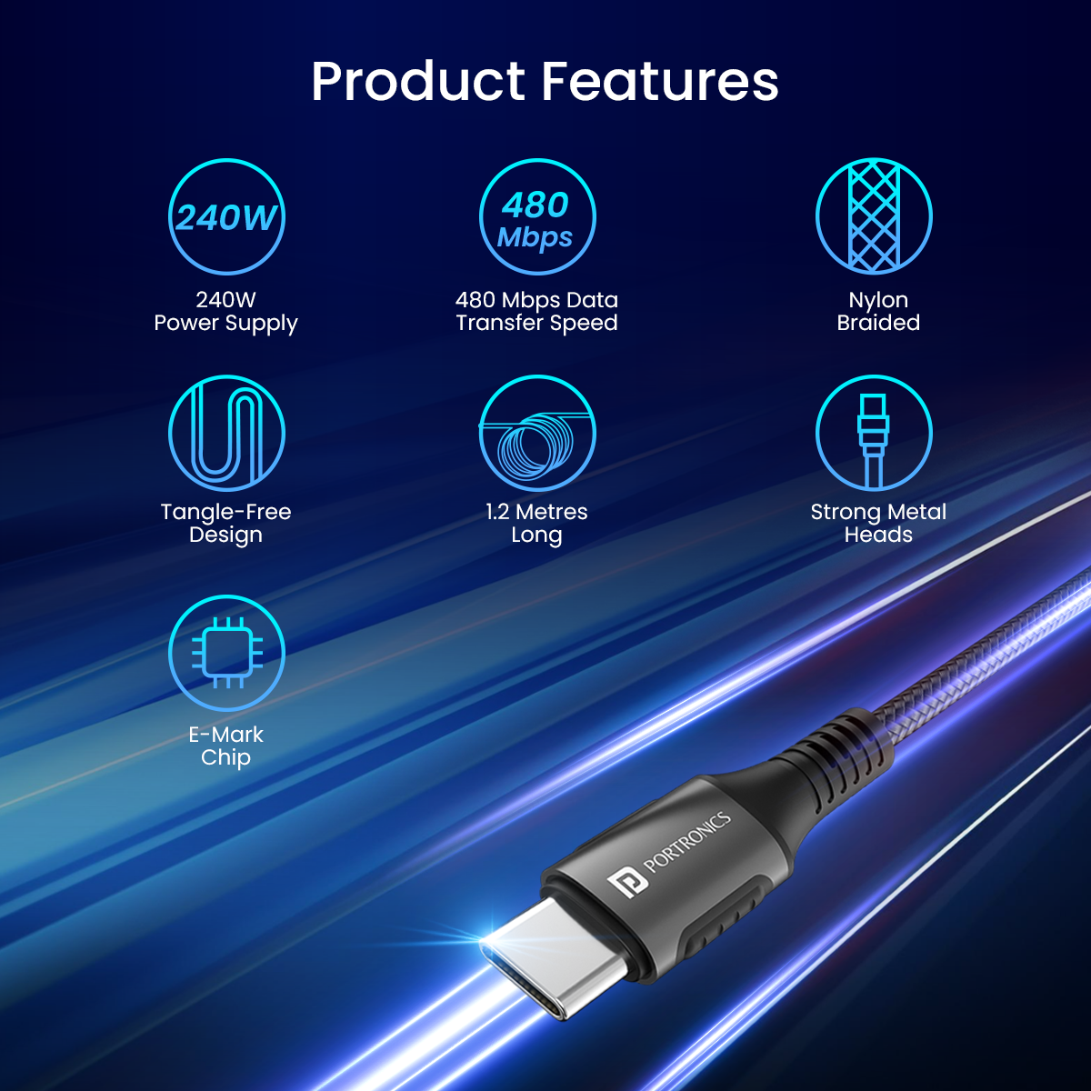 Black| Portronics Konnect 240C type c fast charging cable with tangel free wire. 