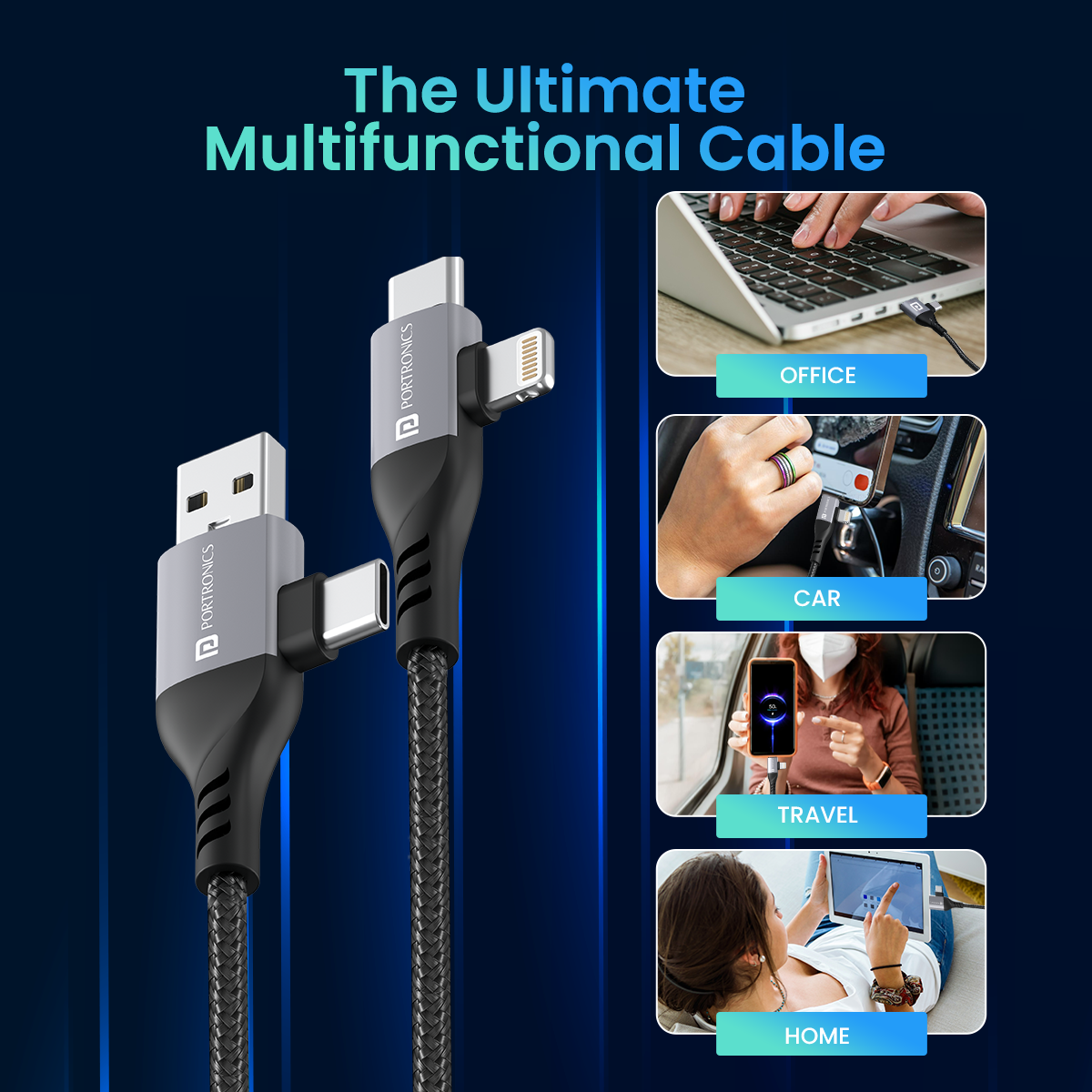 Black Portronics Konnect 4 in 1 multi-functional  charging cable for all your device needs.