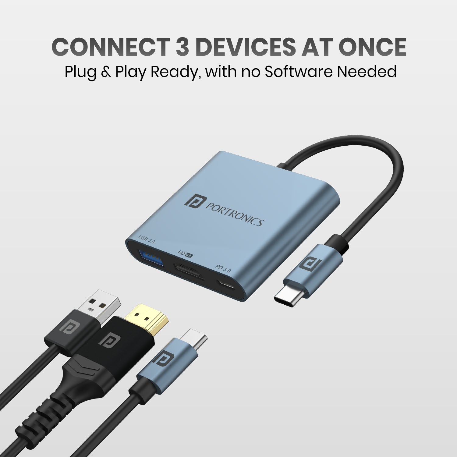 Blue connect 3 devices at once with Portronics C-Konnect Plus 3 in 1  type-c usb hub