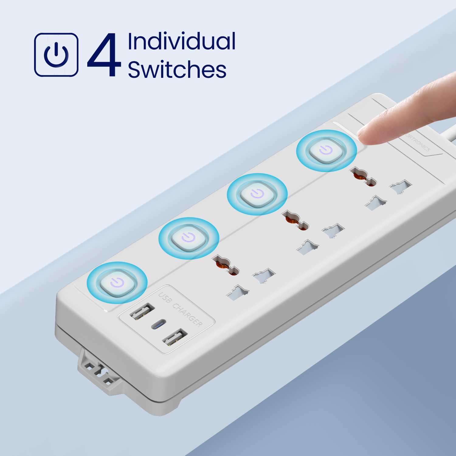 Portronics Power Plate 18 Power Extension Board with 4 individual switches| Power extension board with 1500w power delivery