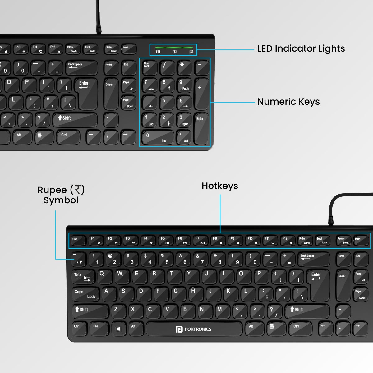 portronics ki pad 2 laptop keyboard has led indicator, numeric keys, hotkeys & rupee symbol. Black
