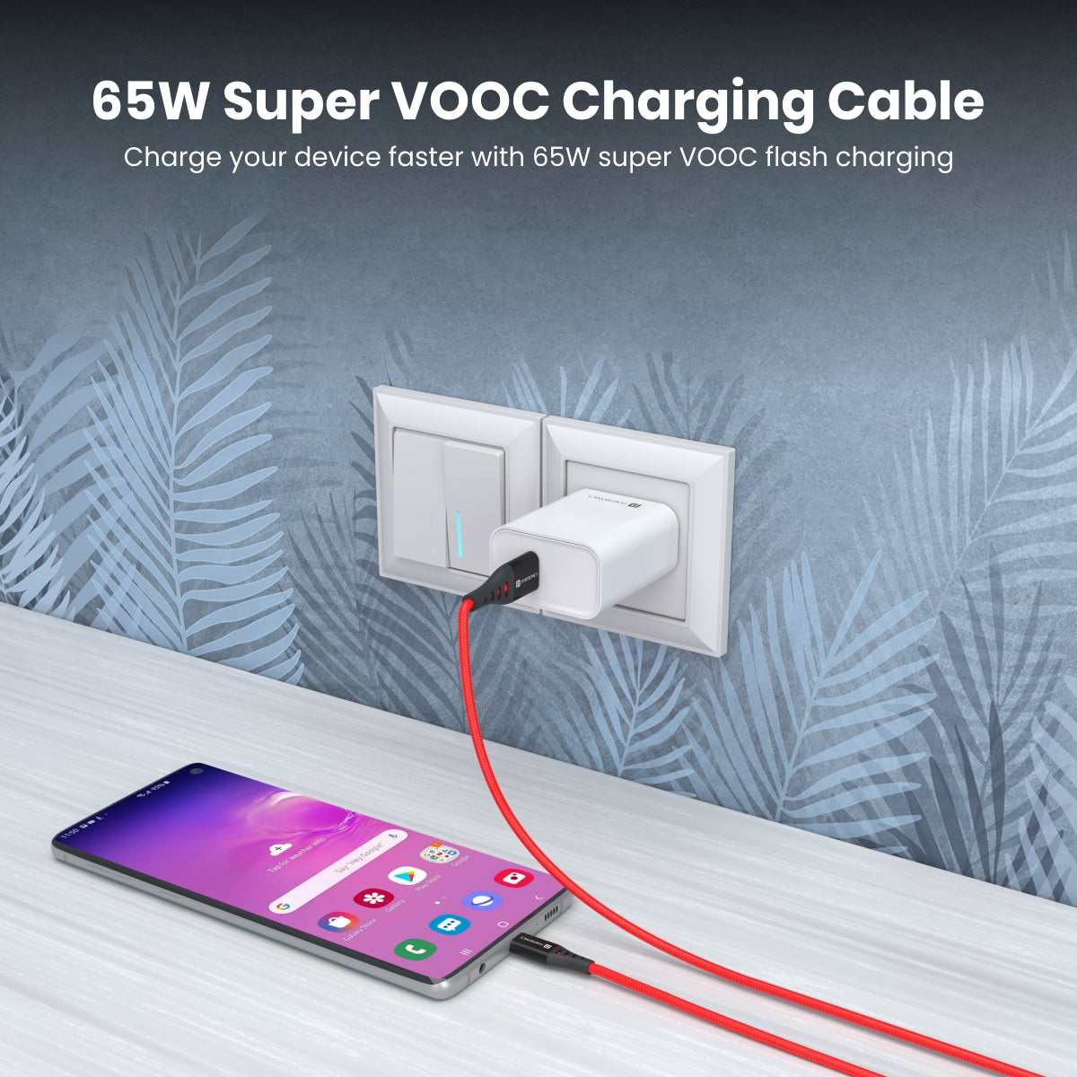 Red Portronics Konnect Dash 2 Super VOOC  charging cable| type c charging cable| fast charging cable| universal PD Type-C charging cable