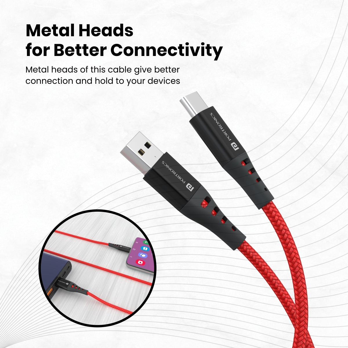 red Portronics Konnect Dash 2 65w Super VOOC charging cable| type c charging cable| high grade copper wire type c fast charging cable