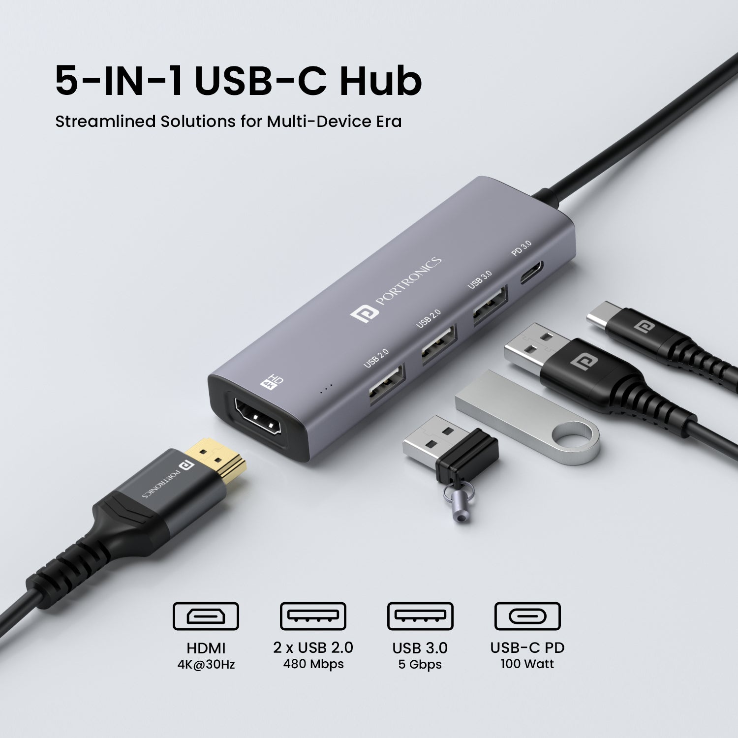 Portronics Mport 32, 5-in-1 USB-C Hub, USB-C Hub with HDMI, 4K HDMI Port|m port 32 best type c usb hub online