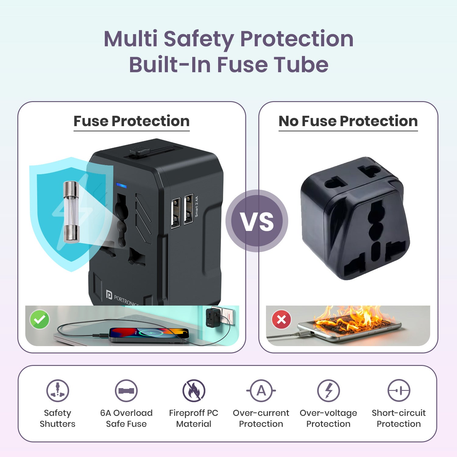 Portonics JuiceMate 2 Power Adapter with AC socket and surge protection, ensuring safe and reliable charging for electronic gadgets across different regions