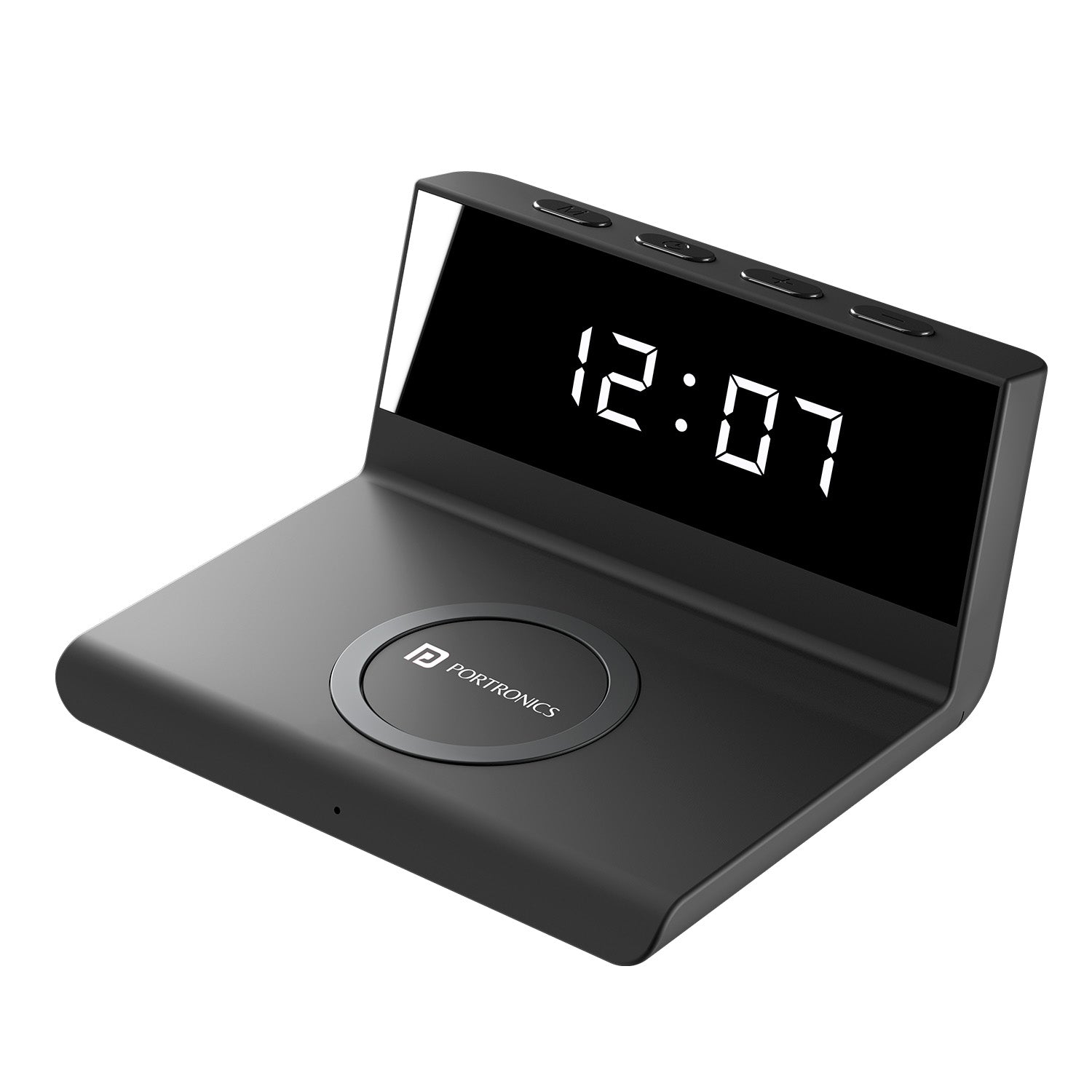 Black Portronics Freedom 4A wireless charger with clock, featuring a 15W fast charging pad and a digital alarm clock with adjustable brightness and 12/24-hour mode