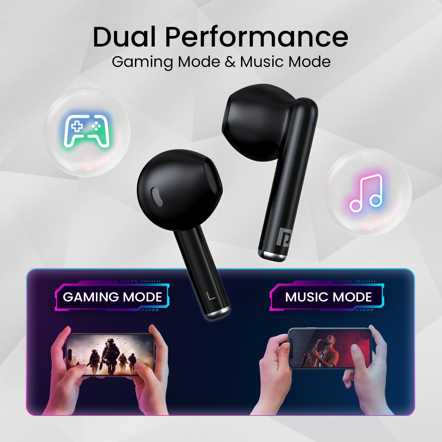 Portronics Harmonics Twins s20 TWS wireless bluetooth earbuds with dual mode features. Black