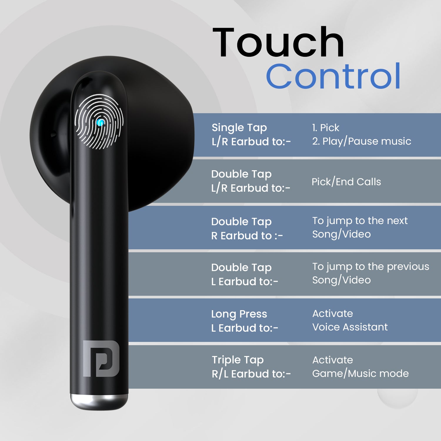 Portronics Harmonics Twins s20 earbuds| bluetooth earbuds with Soft Touch Control. Black