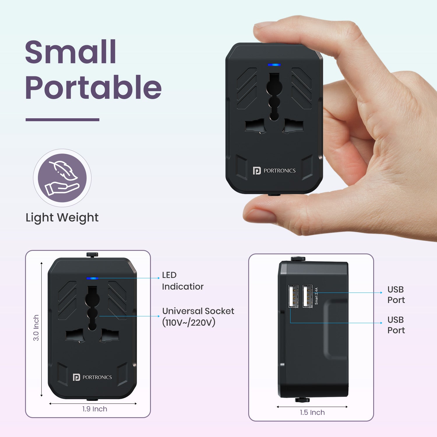 JuiceMate 2 Travel Adapter built with premium PC + ABS material, offering a durable and robust design for long-lasting use during frequent travels