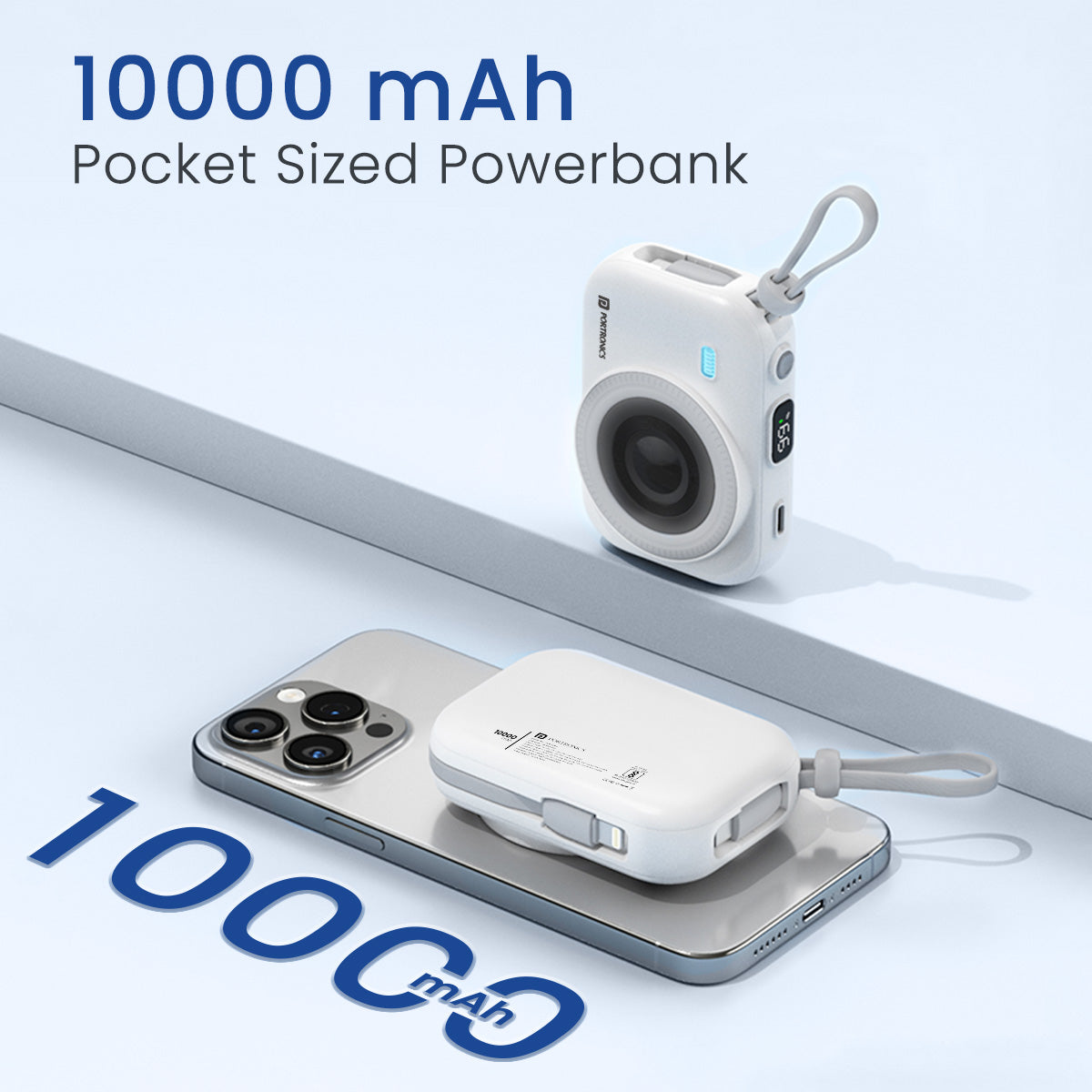 White Portronics Power Shutter 10000mah 15w fast charging power bank come with type c & 8pin cable| wireless power bank for Iphone