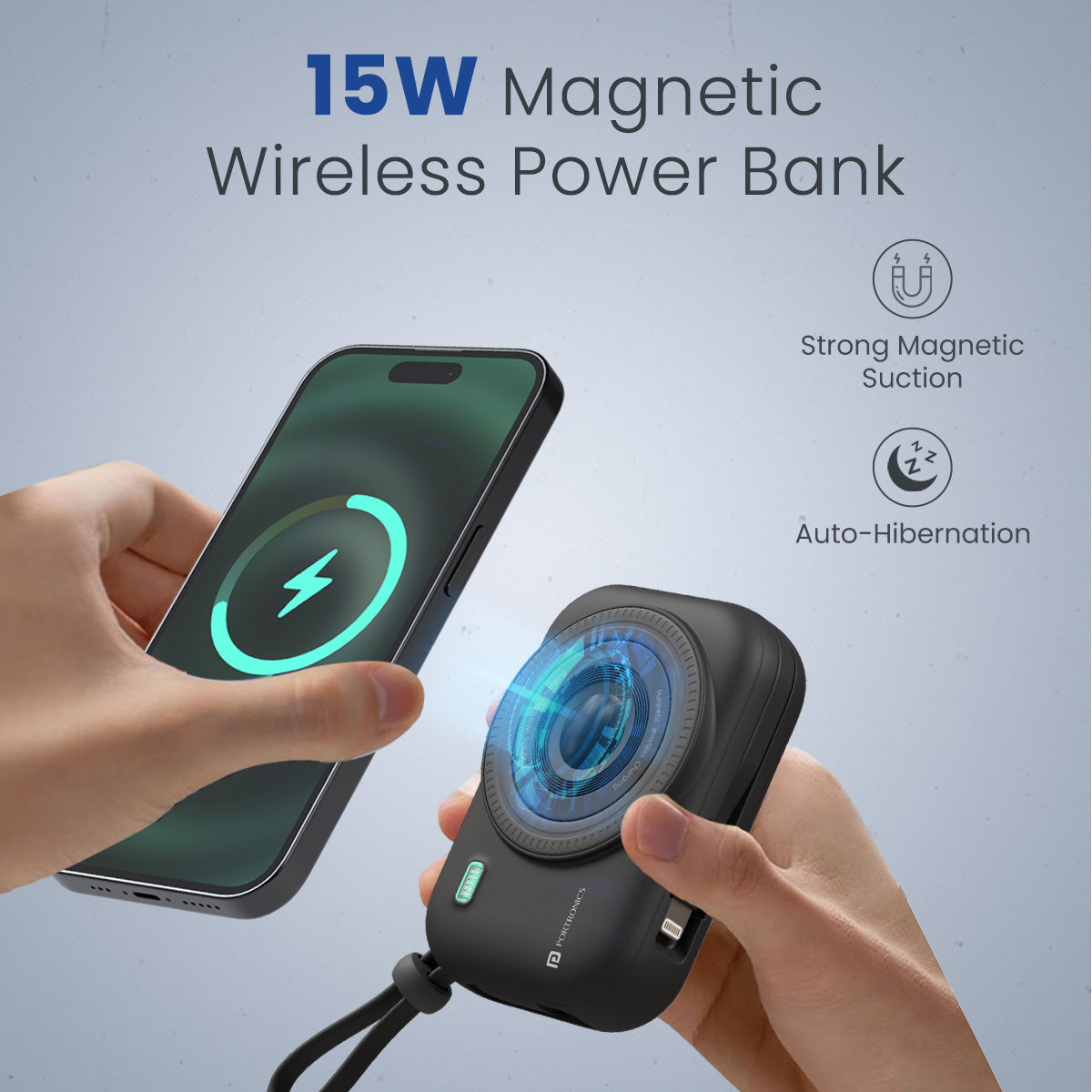 Black Portronics Power Shutter 10K best 10000mah 15w magnetic power bank for apple devices| best wireless powerbank in the market