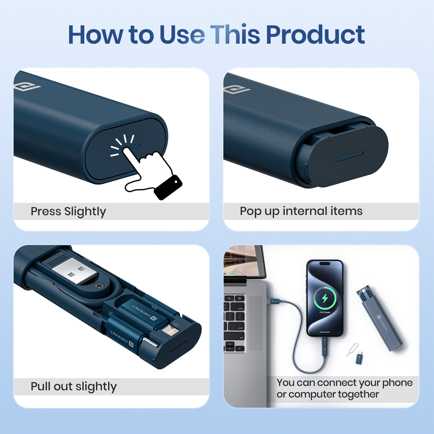 Blue Portronics Snapcase 3 Innovative charging cable with an integrated SIM ejecting tool for quick and convenient SIM card swaps while traveling or switching between devices.
