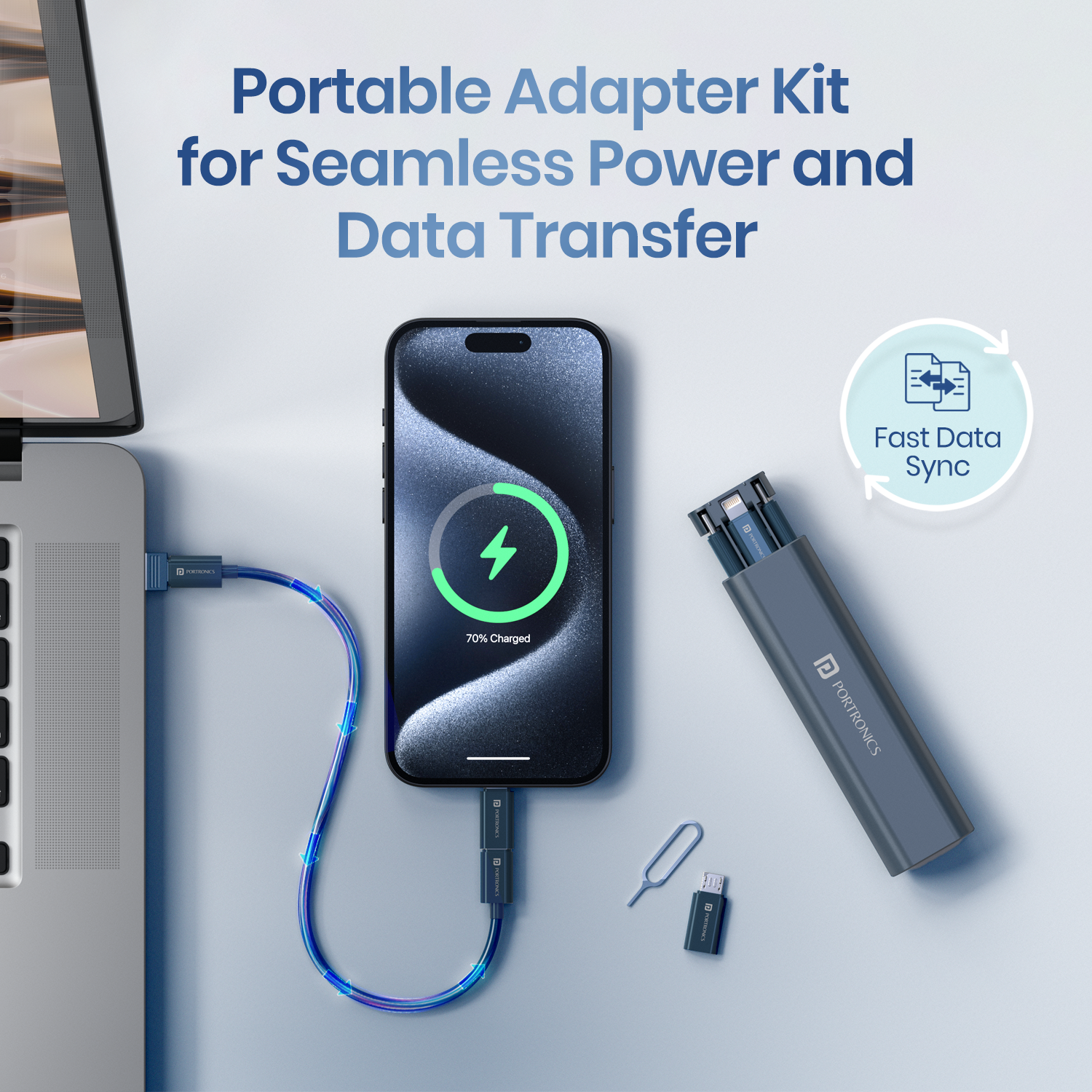 Blue Portronics Snapcase 3 multifunctional storage has multiple data cables and adapters kit