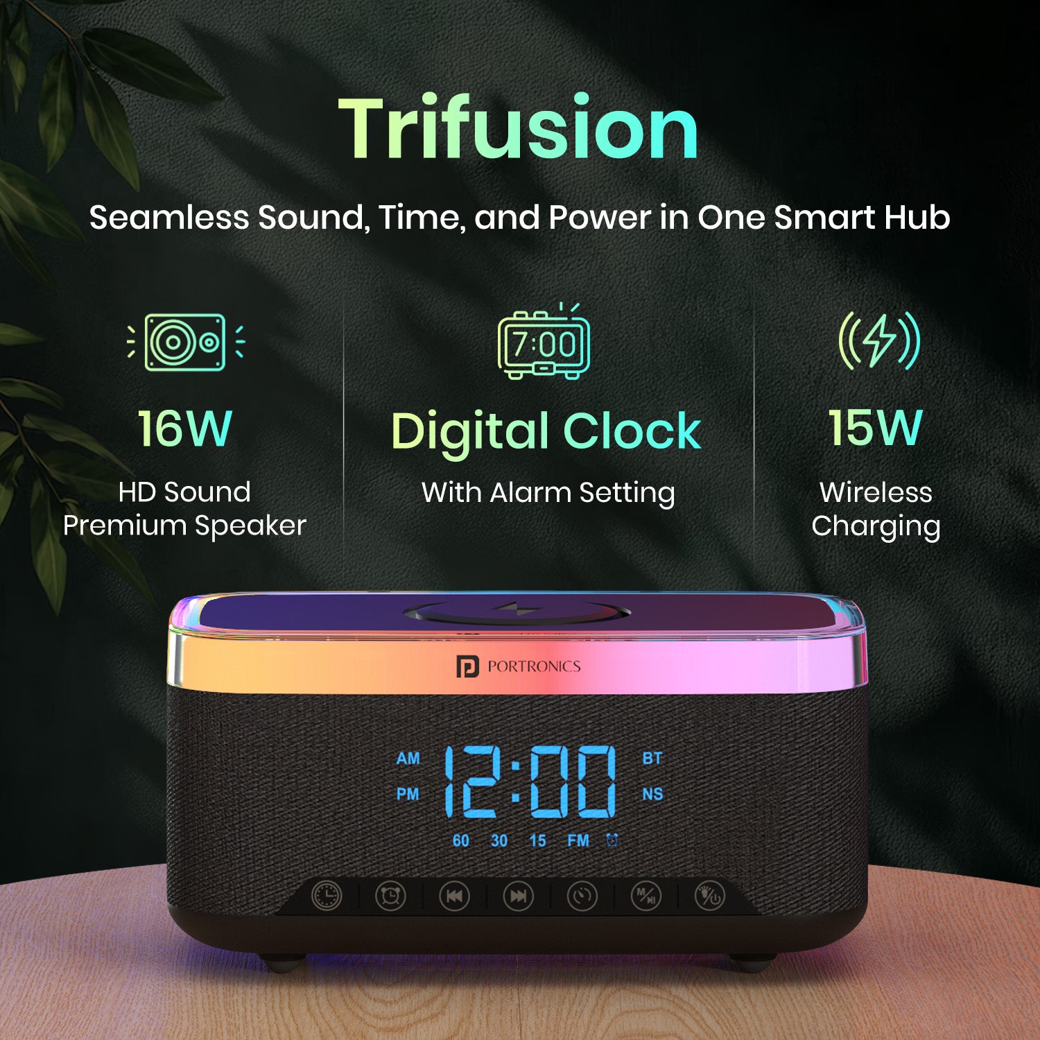 Portronics TriFusion is smart combination of bluetooth speaker, digital alarm clock and wireless charging pad