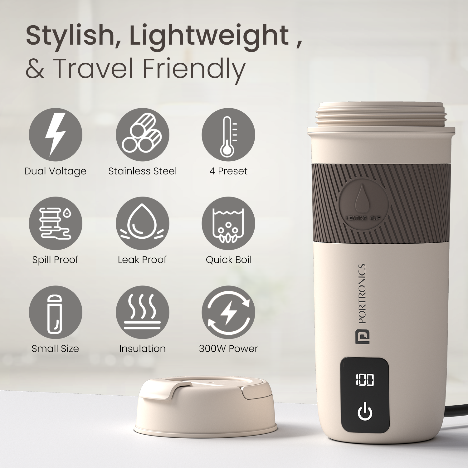 Compact and stylish Portronics kettle with 400ml capacity, ideal for travel, and functions as a mini electric kettle for boiling water or hot drinks