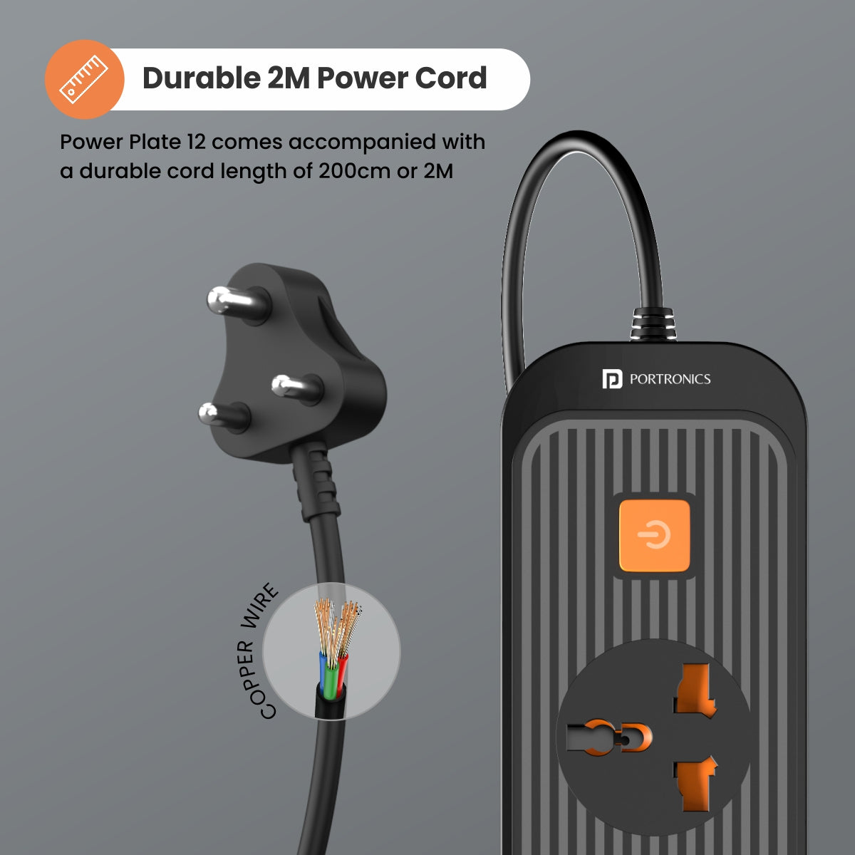 Portronics Power Plate 12 Power Extension Board with 2m durable power cord. Orange