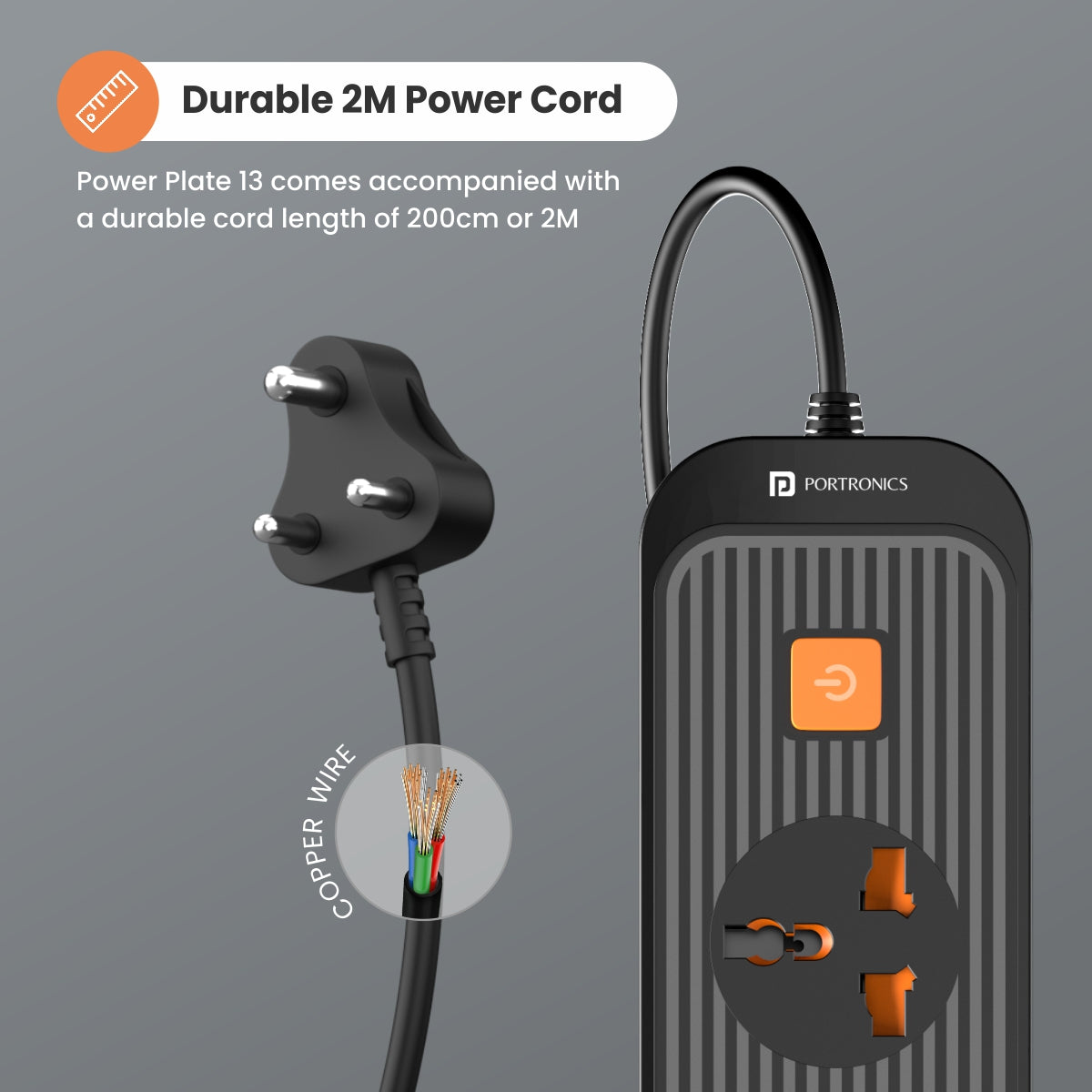 orange Portronics  Power Extension Board with 4 sockets and durable 2M power cord