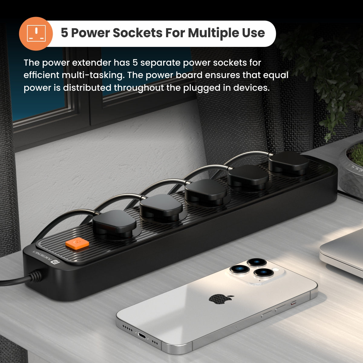 Orange Power board with 5 power sockets for multiple use from portronics