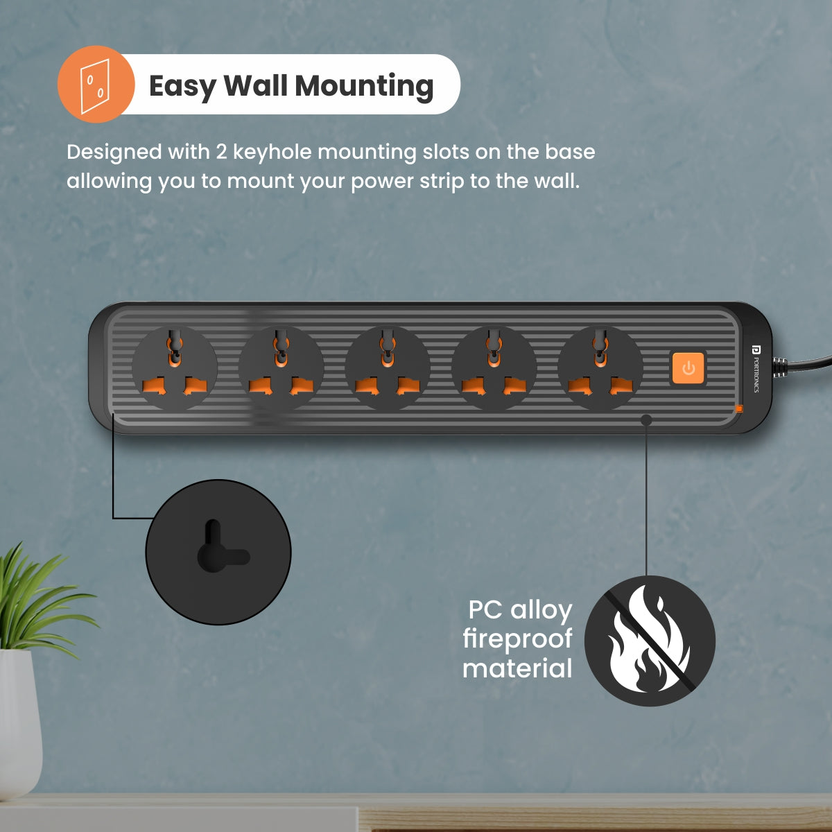 Orange power extension board with easy wall mounting