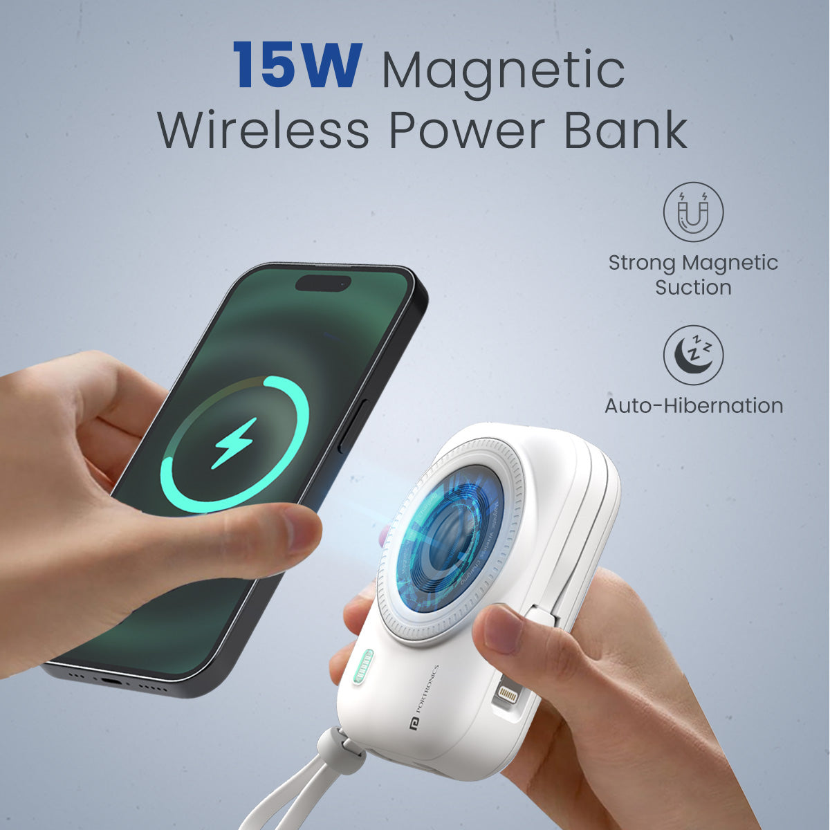 White Portronics Power Shutter best 10000mah 15w magnetic power bank for apple devices