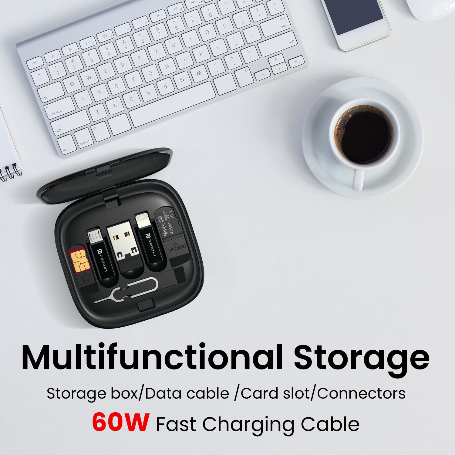 Portronics Snapcase 2 multifunctional storage has multiple data cables and adapters for smart phone
