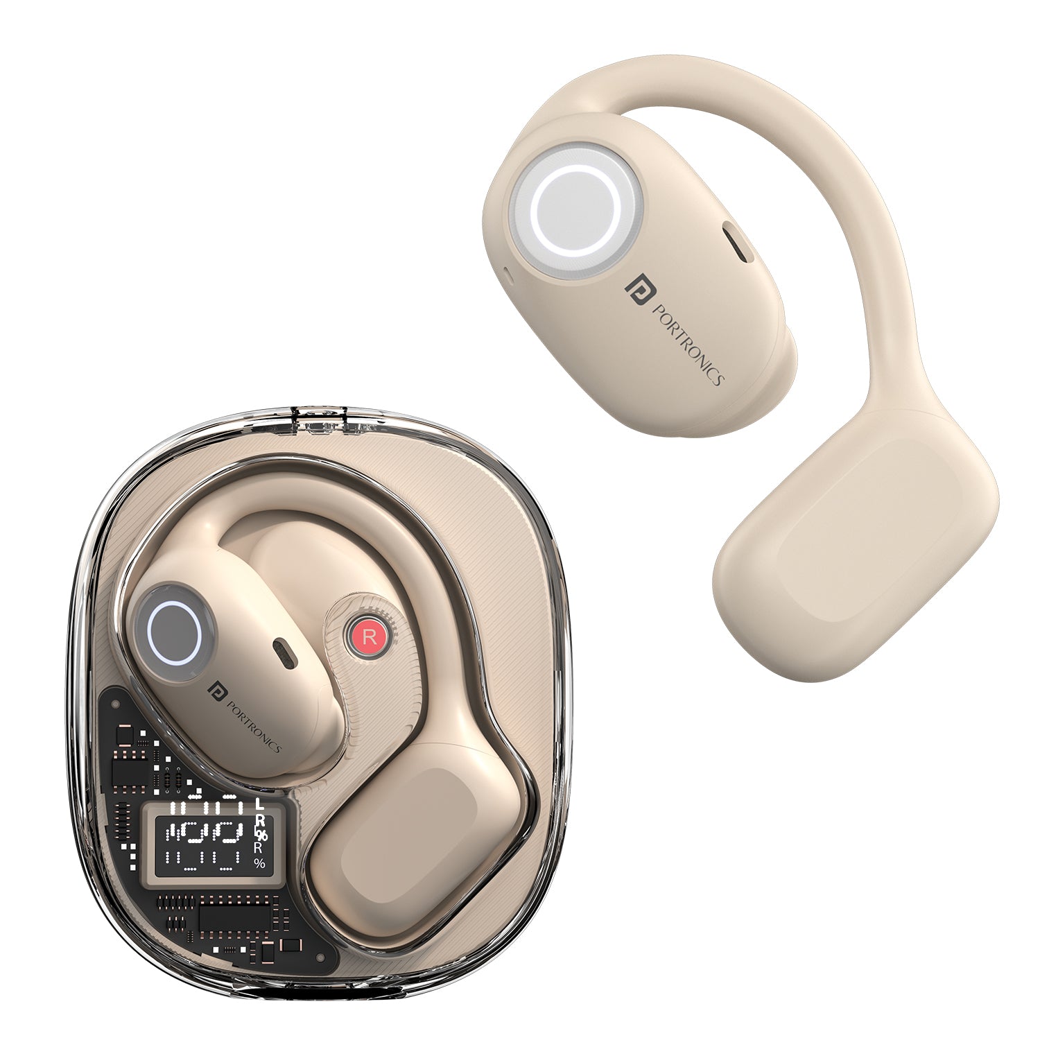 Beige Portronics harmonics twins 30 open-ear wireless earbuds| best bluetooth tws earbuds online