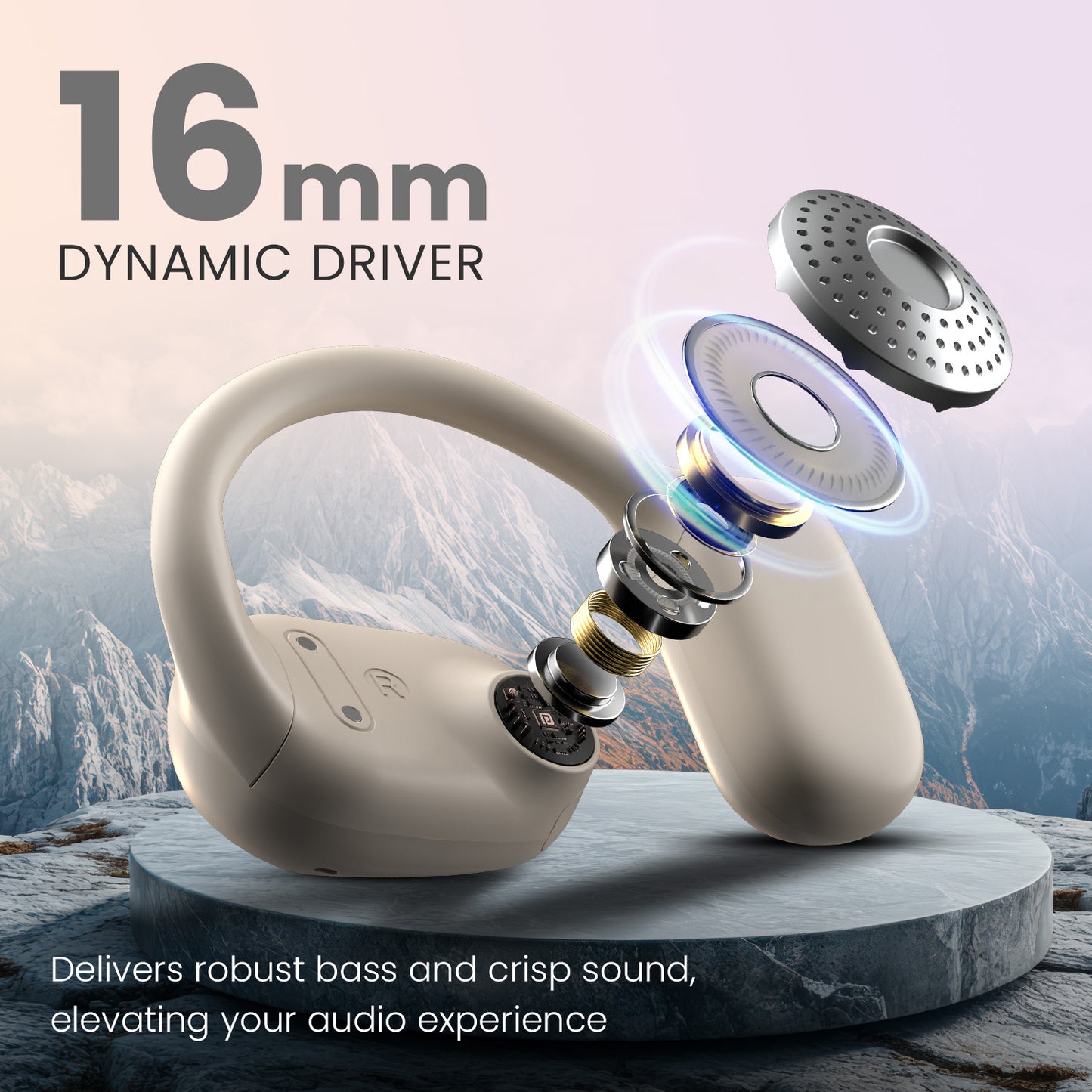 Beige Portronics harmonics twins 30 open-ear best bluetooth earbuds come with 16mm high quality drivers for better sound
