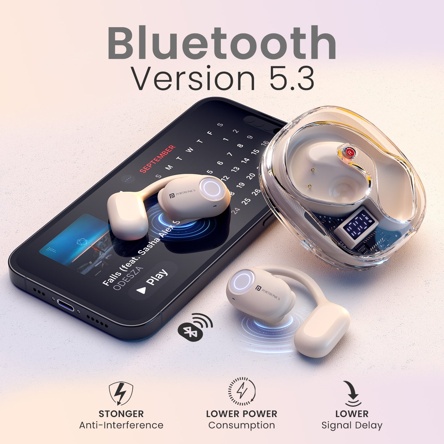 Beige Portronics harmonics twins 30 bluetooth earbuds come with latest bluetooth 5.3v