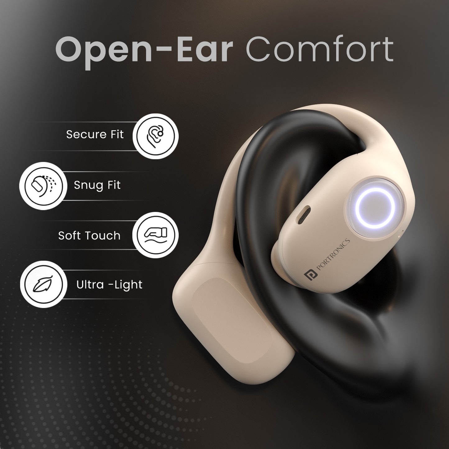 Beige Portronics harmonics twins 30 wireless earbuds has ear comfort for long use