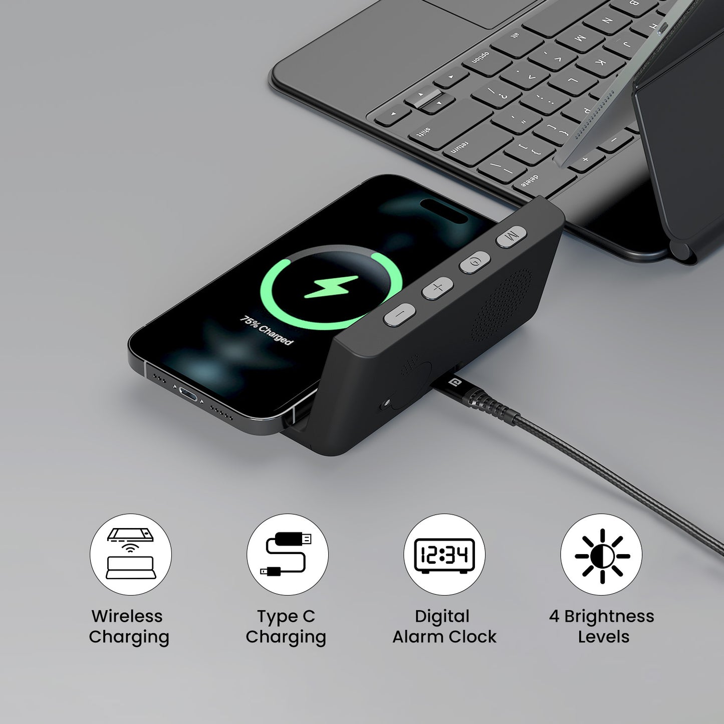 Black Wireless charger with clock and alarm, an innovative Portronics wireless charging pad that ensures you stay connected while keeping track of time.