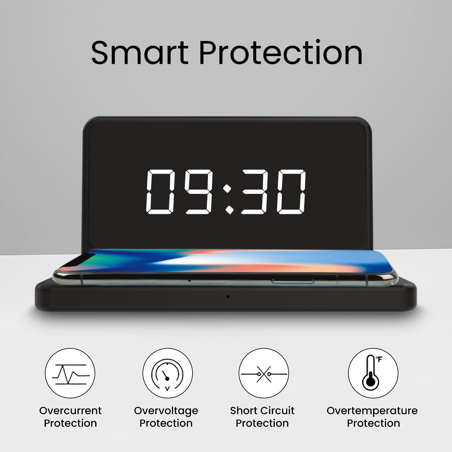 Black Wireless charging pad with digital clock, a versatile desktop wireless charger, featuring adjustable brightness and a rugged ABS plastic body for durability.