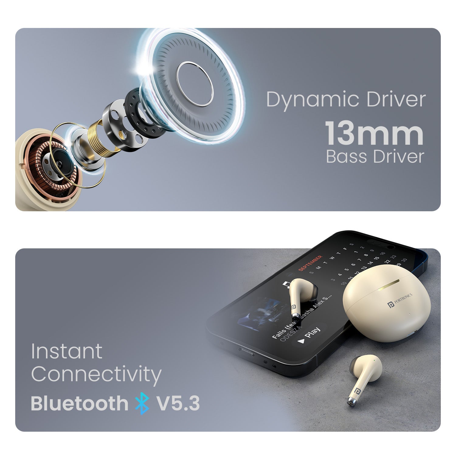 Beige Portronics best tws bluetooth earbuds Harmonics Twins s19 with 30hour playback time & 13mm Dynamic Drivers