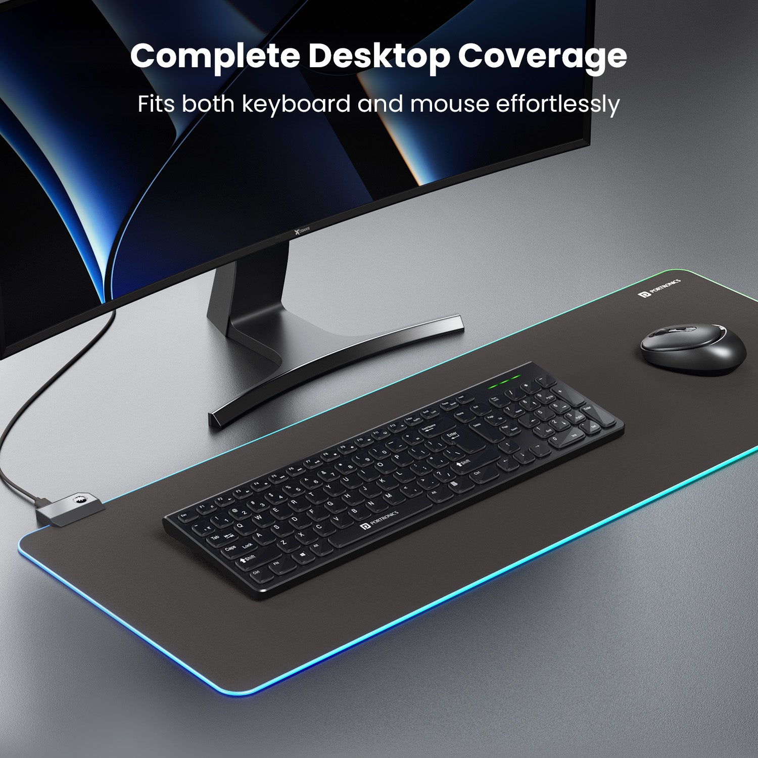 LED keyboard and mouse pad with a large 80 x 30 x 0.3 cm design for ample space and comfortable hand movements.