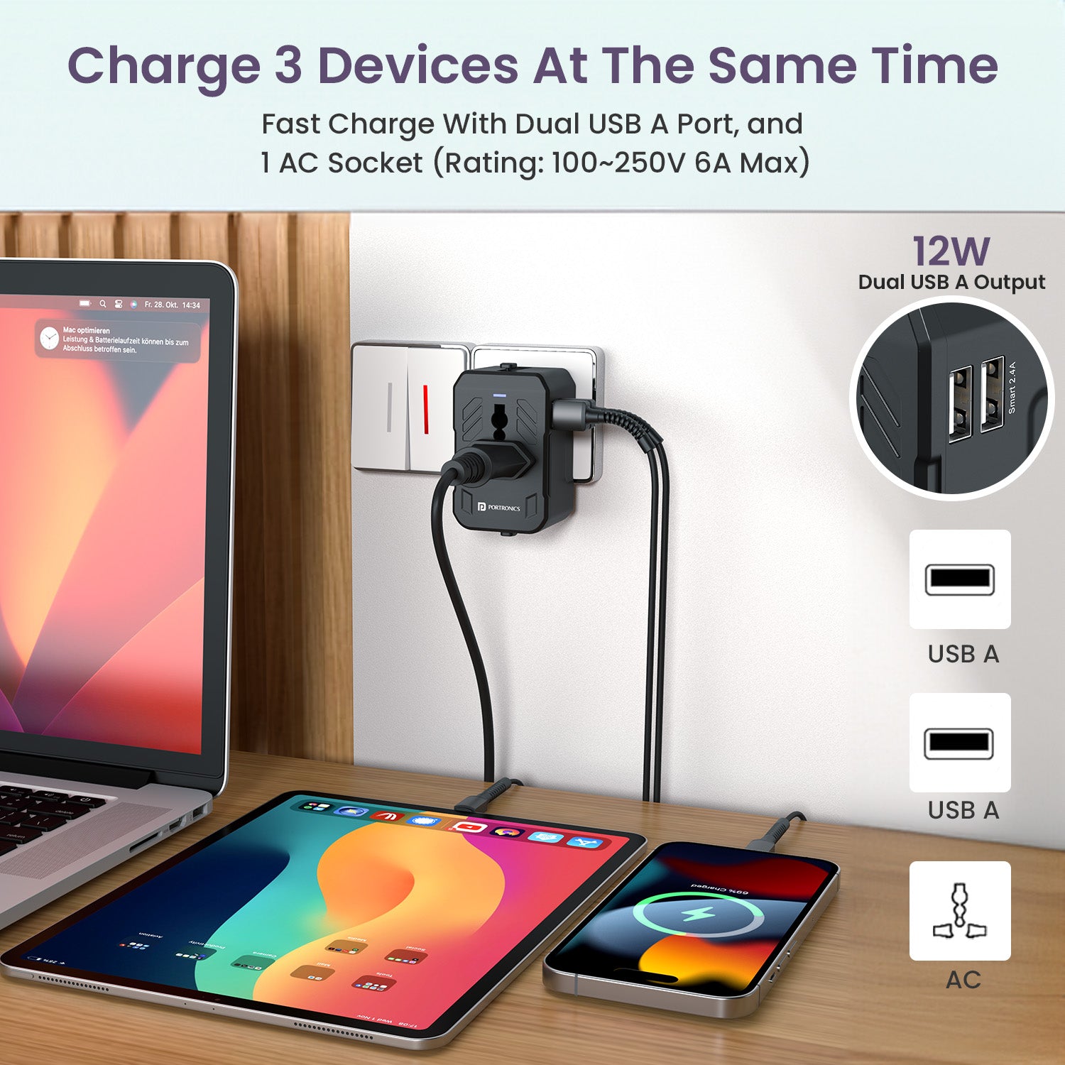 JuiceMate 2 Dual USB Charger Adapter featuring two USB-A ports, allowing users to charge multiple devices simultaneously with efficient power delivery