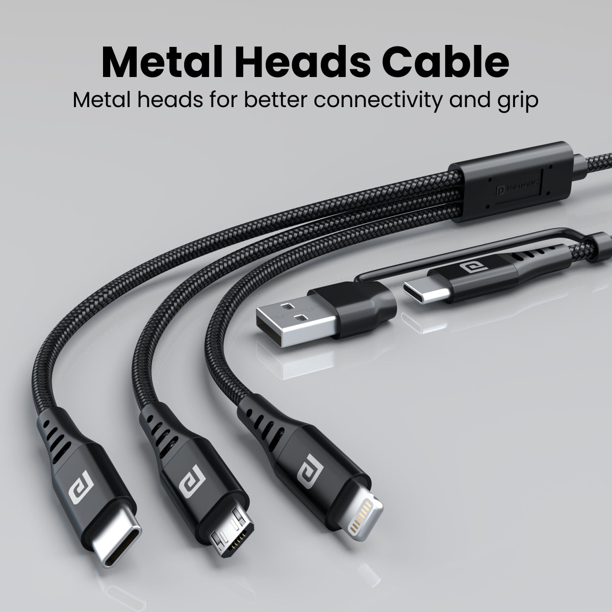 Black Portronics Konnect J9 3-in-1 USB cable has Type-C, Micro USB and 8-pin with metal head 