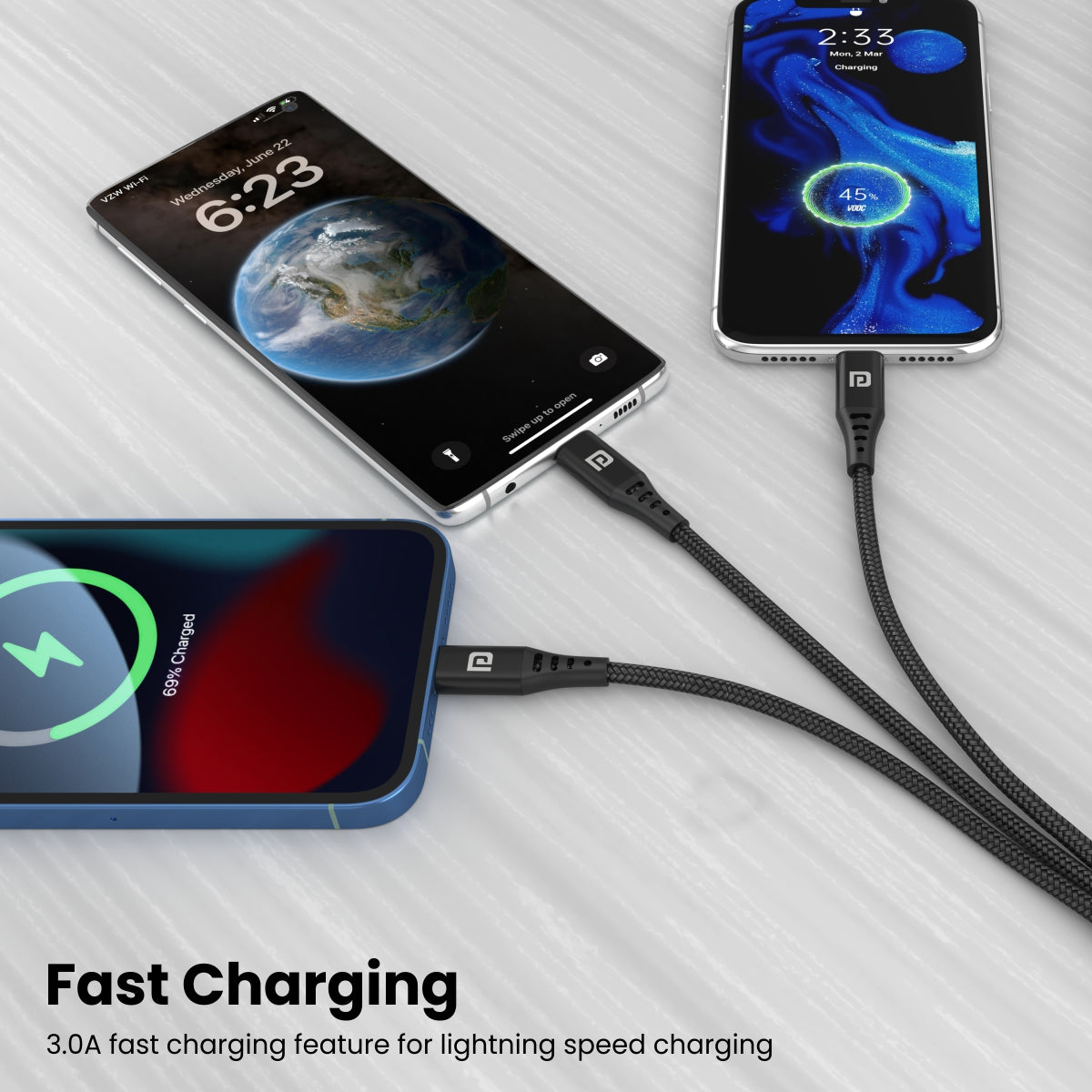 Black Portronics Konnect J9 3-in-1 USB cable has Type-C, Micro USB and 8-pin fast charging cables 