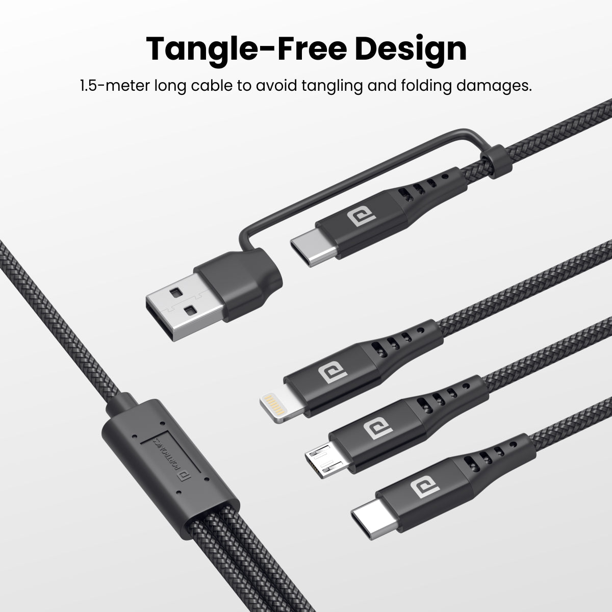 Black Portronics Konnect J9 3-in-1 USB cable has Type-C, Micro USB and 8-pin tangle free design