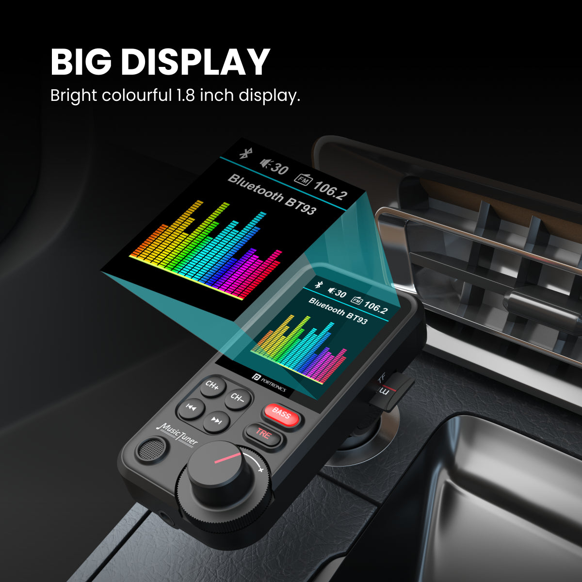 black Portronics Auto One Bluetooth Car Stereo with big display