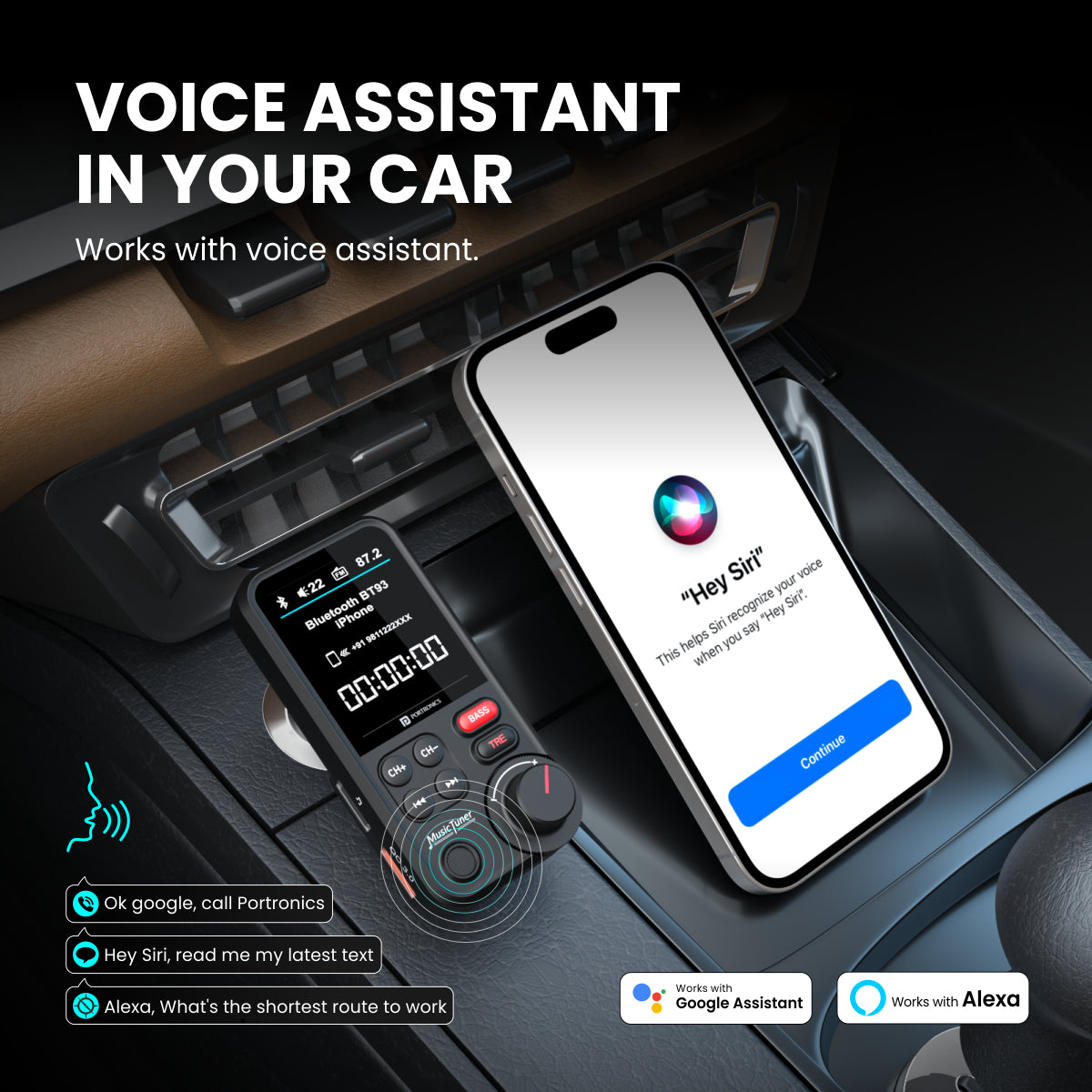 Black Portronics Auto One Bluetooth Car Stereo voice assistant in your car