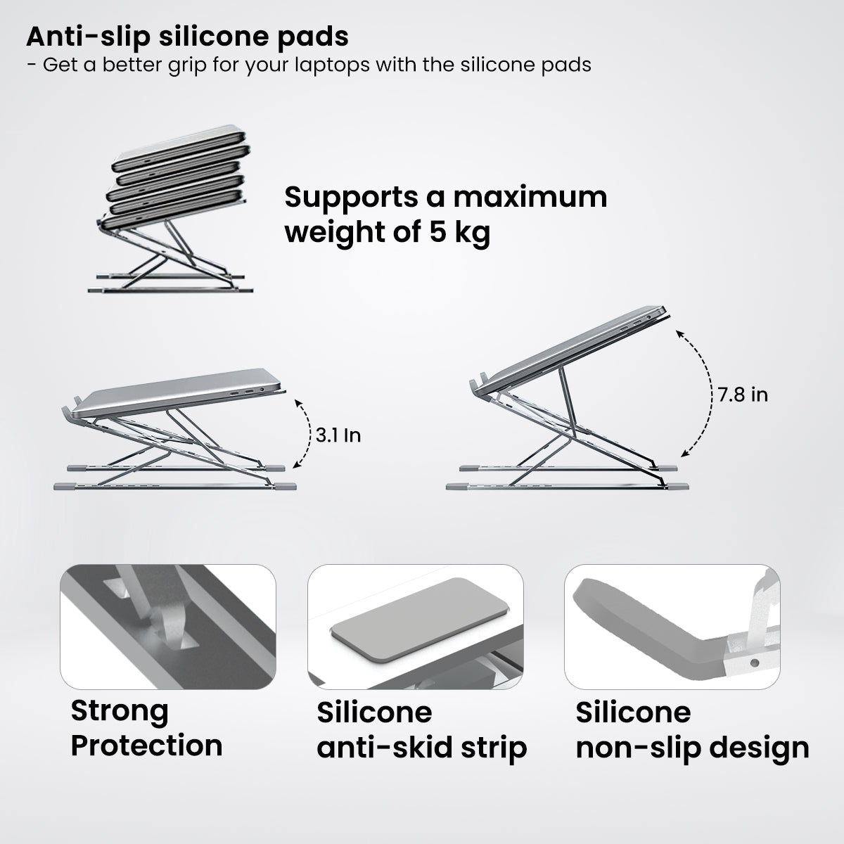 Silver Portronics My Buddy K Pro Adjustable Portable Laptop Stand for Table with anti slip pads