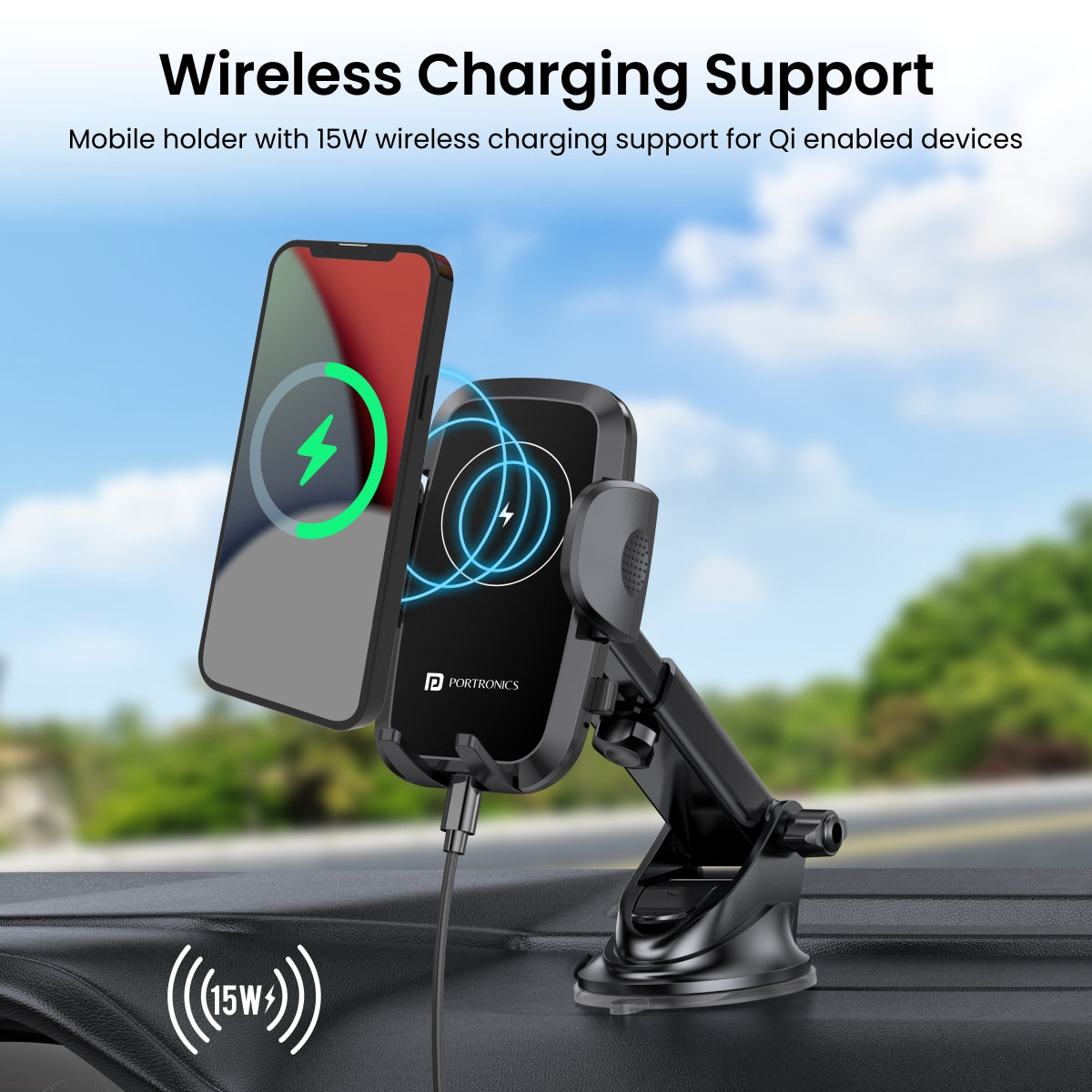 black Portronics Charge Clamp 2 Mobile Holder for car with 15W wireless Charger