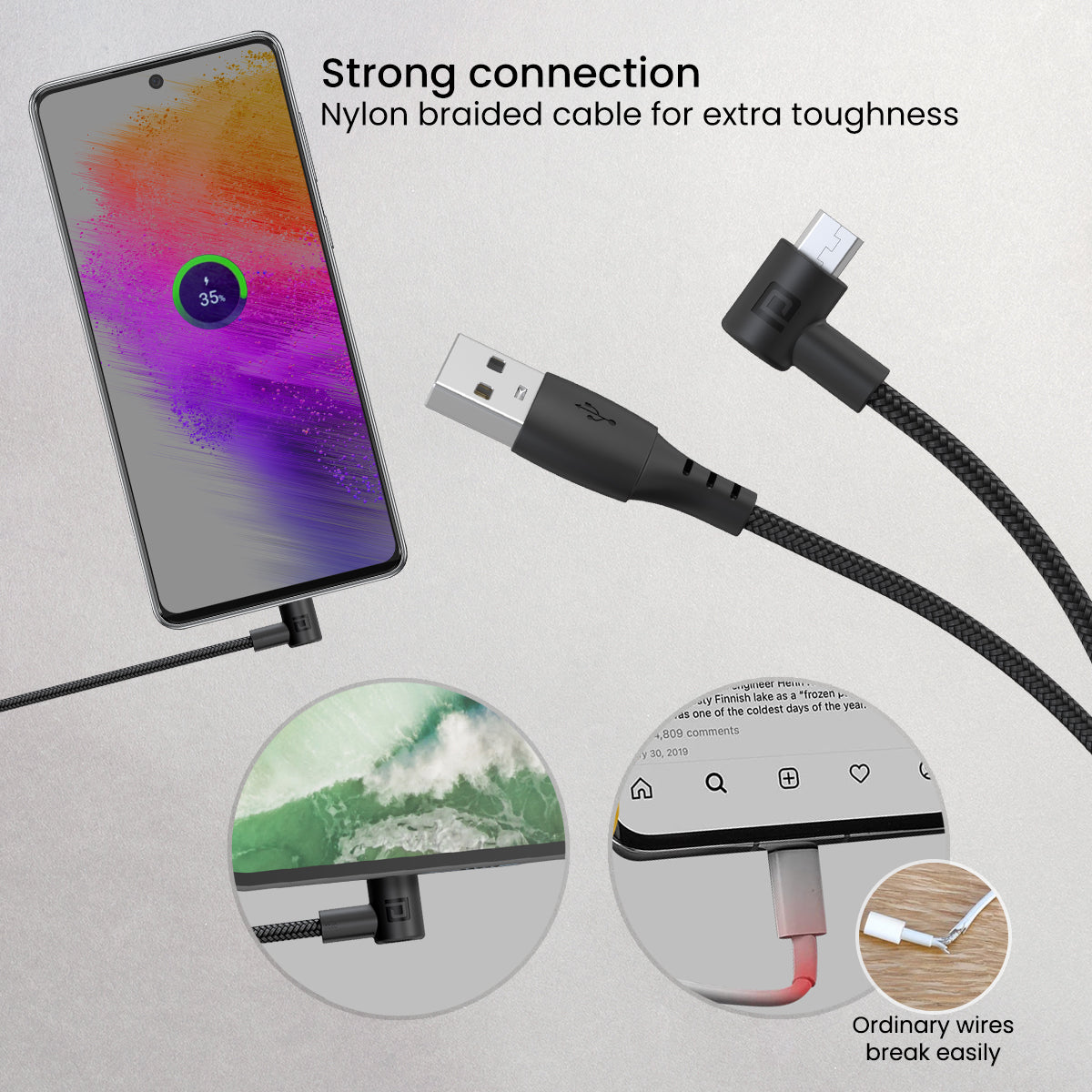 Portronics Konnect HD Micro USB to micro cable with 3.0 A output. Black