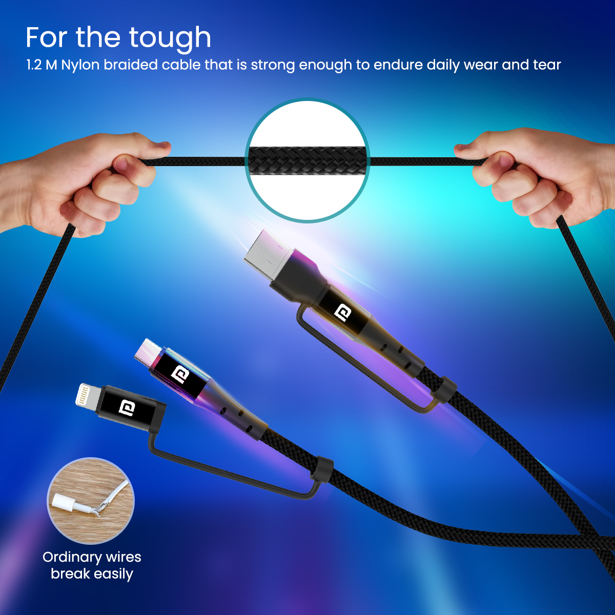 Black Portronics Konnect J8 Type C to 8 Pin & USB cable 60 W Charging 1.2 meter long cable 