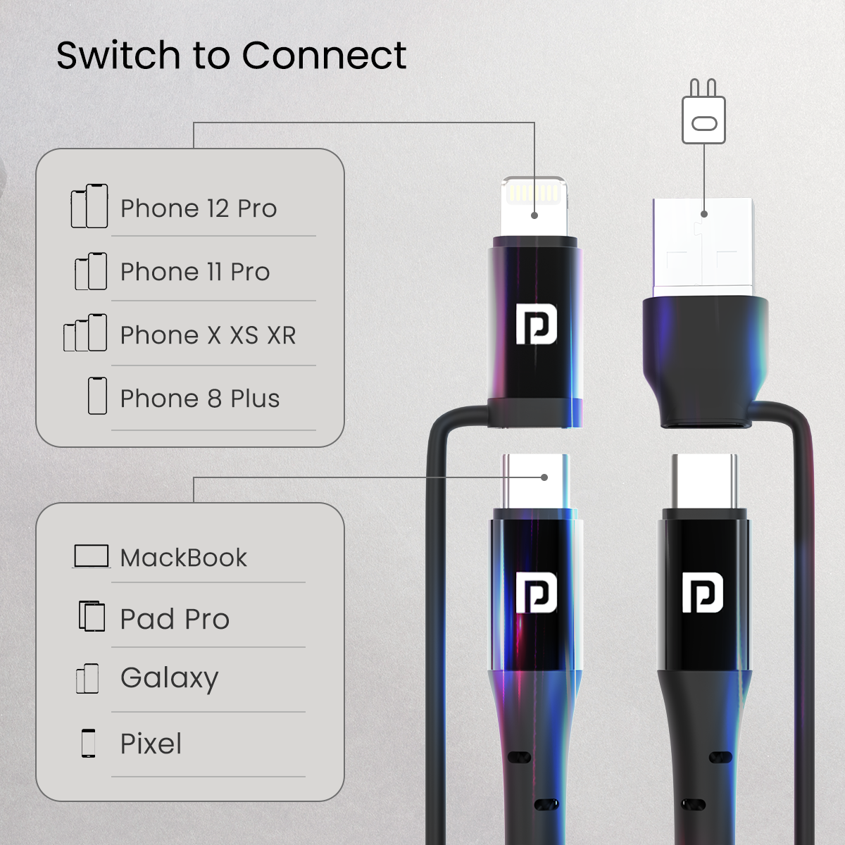 Black Portronics Konnect J8 Type C to 8 Pin & USB cable 60 W Charging compatible for both android and IOS