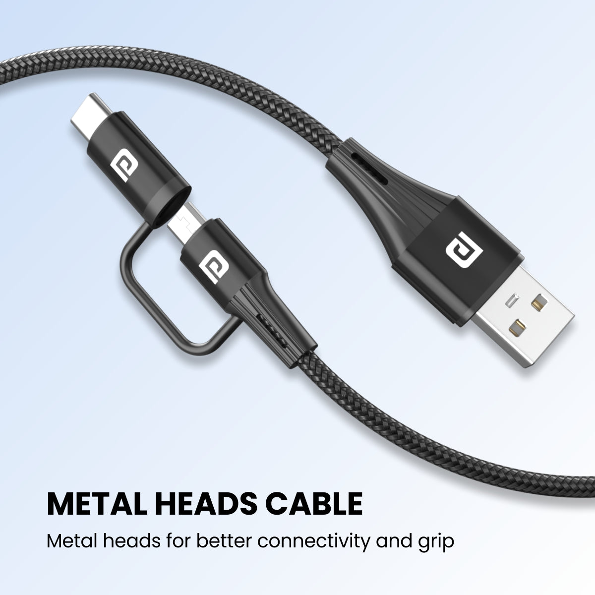 Portronics Konnect J7 Dual headed Cable Micro and Type C Cable with metal head. Black 