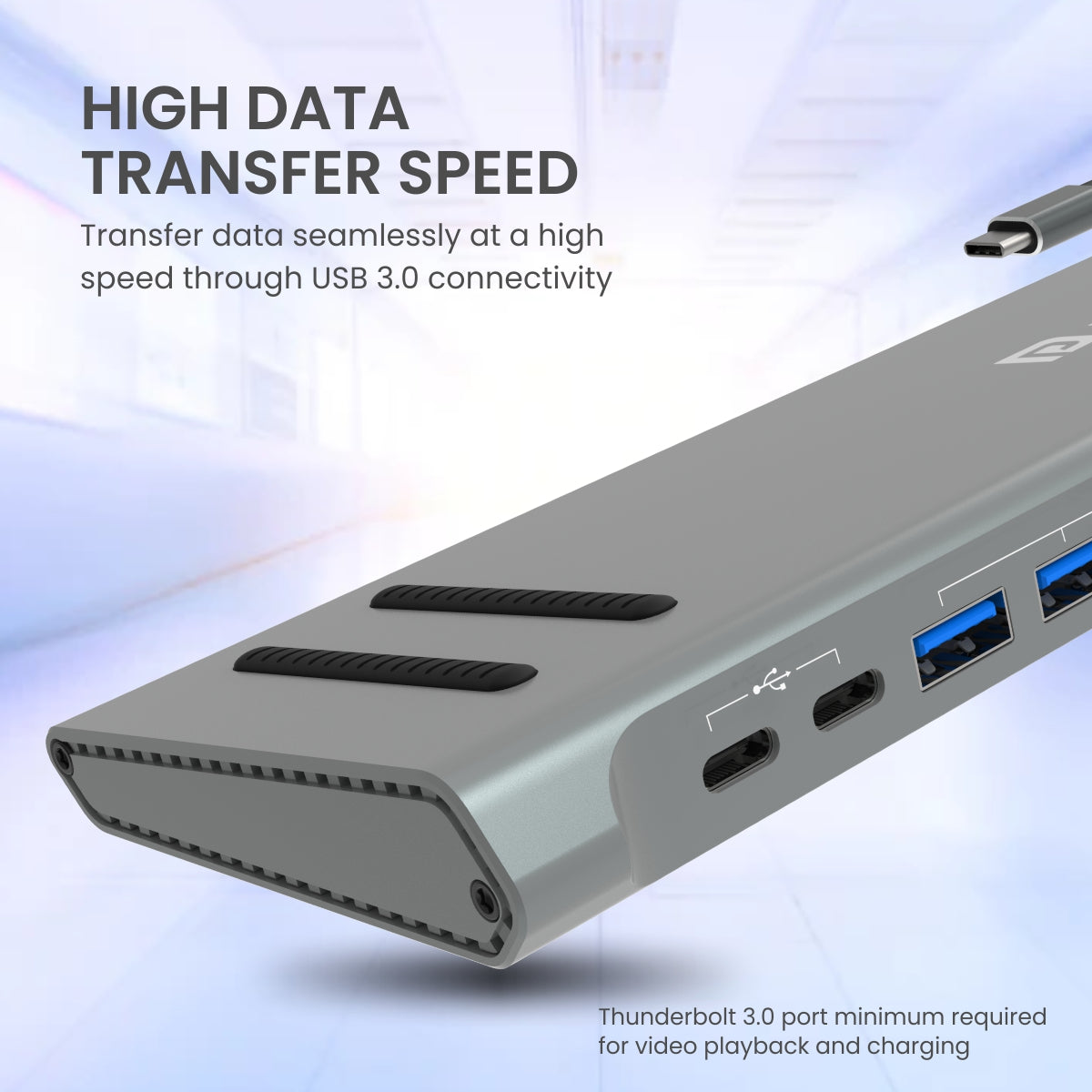 Grey Portronics Mport 13C USB Multiport hub 13-in-1 docking station with USB, HDMI, Ethernet, & VGA ports, and Type-C PD charging slot along with TF & SD card slots and fast data transfer .